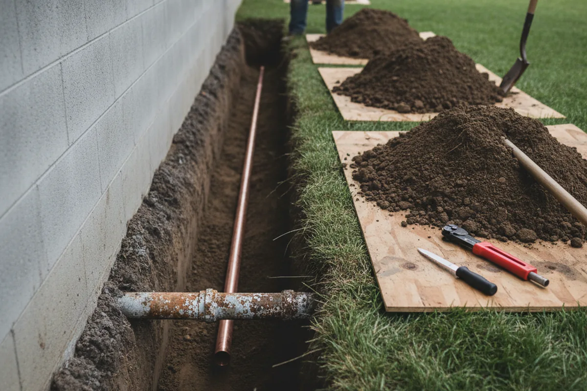 Excavated water line trench during Water Softener Installation in Stella